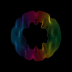 Sound waves rainbow circle shape. Abstract geometric linear wavy shape on black background. Vector icon.