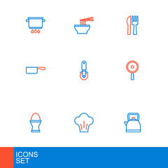 Set line Kettle with handle, Chef hat, Chicken egg on stand, Frying pan, Pizza knife, Crossed fork and Asian noodles bowl icon. Vector