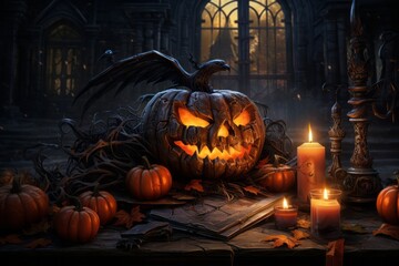 Eerie Halloween spooky pumpkin head illuminated by candlelight at night. Holiday concept