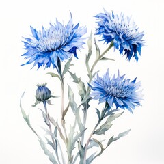 Blue watercolour cornflower knapweed centaurea spring flower on white background. Blooming floral concept