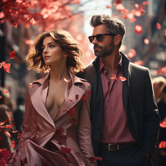 Elegant couple in the pink and black autumn fashionable clothes outdoor