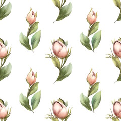 Seamless pattern with pink decorative tulips on white. Floral background with hand drawn flowers.