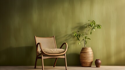  a chair next to a potted plant on a wooden floor.  generative ai