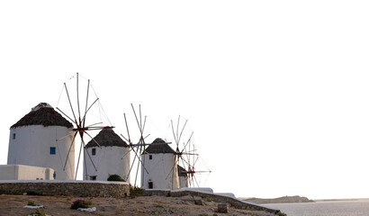 Windmills isolated on white transparent background, Mykonos island, Greece. PNG - obrazy, fototapety, plakaty