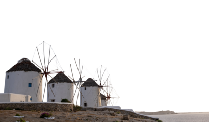 Windmills isolated on white transparent background, Mykonos island, Greece. PNG