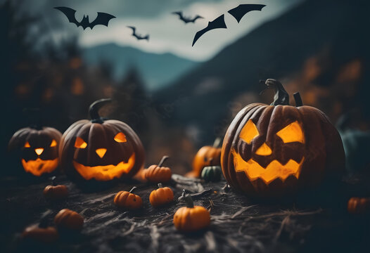 Halloween border background with creepy pumpkins 