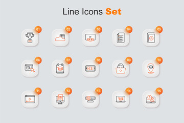 Set line Question and Answer, Graduation cap laptop, Web camera, Online quiz, test, survey, play video, education, Student working and icon. Vector