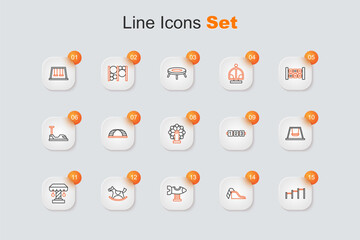Set line Sport horizontal bar, Slide playground, Swing plane, Horse saddle swing, Attraction carousel, Ferris wheel, Education logic game and for kids icon. Vector