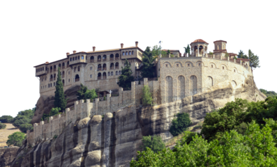 Meteora Greece Monastery building on top of rock isolated on white transparent background, PNG