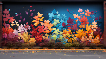 Naklejka na ściany i meble Fall autumn mural on building - peak leaves - colorful style 
