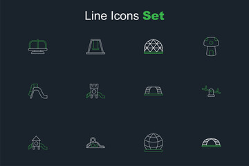 Set line Monkey bar, Playground climbing equipment, Slide playground, Seesaw, and icon. Vector
