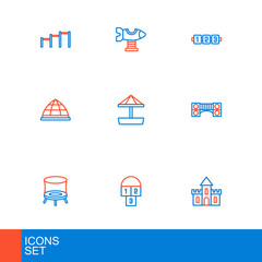 Set line Sand castle, Hopscotch, Jumping trampoline, Playground kids bridge, climbing equipment, Sandbox with sand, Education logic game and Swing plane icon. Vector