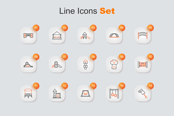 Set line Toy horse, Gymnastic rings, Ferris wheel, Swing for kids, Jumping trampoline, Education logic game, Mushroom house and Hopscotch icon. Vector