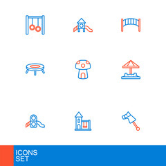 Set line Toy horse, Swing for kids, Slide playground, Sandbox with sand, Jumping trampoline, Mushroom house, Playground bridge and icon. Vector