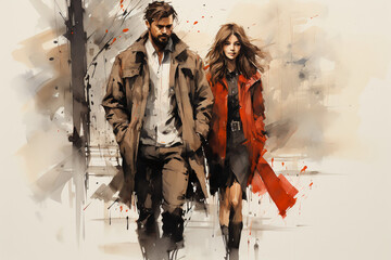 Fashion design sketch of homeless people, man and woman in the park. AI generative