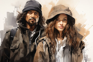 Obraz premium Fashion design sketch of homeless people, man and woman in the park. AI generative