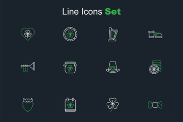Set line Bow tie, Clover trefoil leaf, Saint Patricks day with calendar, Mustache and beard, Golden leprechaun coin, Leprechaun hat, Pot of gold coins and Trumpet icon. Vector