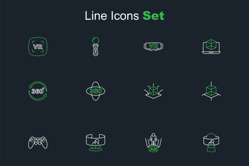 Set line Virtual reality glasses, Augmented AR, 360 degree view, Gamepad, 3d modeling, and icon. Vector