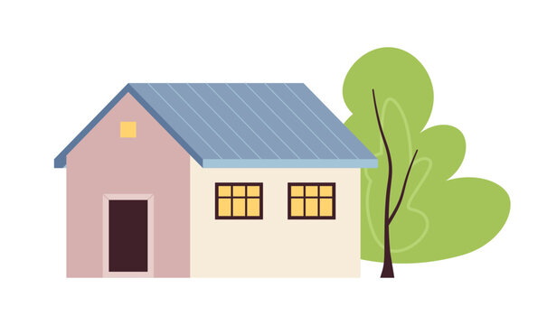 Cute house semi flat colour vector object. Town building with decorative tree. Editable cartoon clip art icon on white background. Simple spot illustration for web graphic design