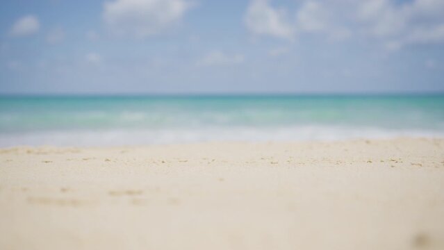 Close-up focused sandy beach blurred good sky sunlight Hawaii. Beach text space area 2023.