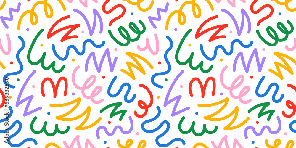 Poster Fun colorful line doodle seamless pattern. Creative minimalist style art background for children or trendy design with basic shapes. Simple childish scribble backdrop.	