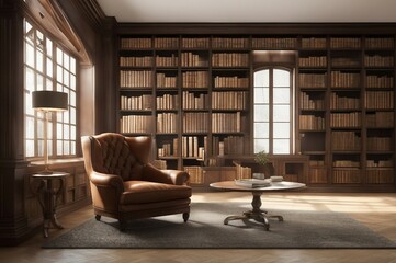 A Luxury and peaceful library, books on shelf and a very nice comfortable sofa with table in center.