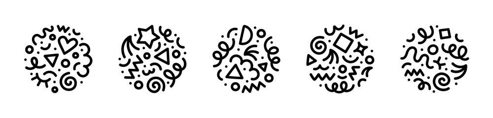 Abstract black and white line doodle circle shape. Creative minimalist style art round symbol for children or party celebration with modern shapes. Simple circular drawing scribble decoration.