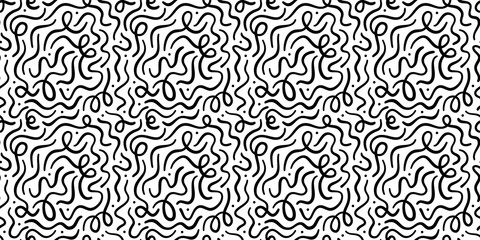 Fun black line doodle seamless pattern. Creative minimalist style art background for children or trendy design with basic shapes. Simple childish scribble backdrop.