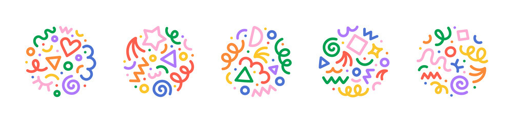 Fun colorful line doodle shape circle set. Creative minimalist style art symbol collection for children or party celebration with basic shapes. Simple upbeat childish drawing scribble decoration. - obrazy, fototapety, plakaty