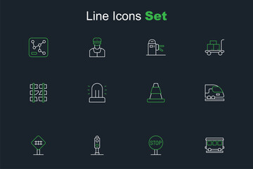 Set line Passenger train cars, Stop sign, Train traffic light, Railroad crossing, High-speed, Traffic cone, Flasher siren and Broken or cracked railway icon. Vector