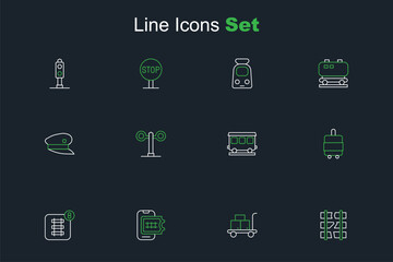 Set line Broken or cracked railway, Trolley suitcase, Online ticket booking, Suitcase, Passenger train cars, Train traffic light and driver hat icon. Vector