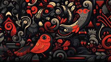  a painting of birds and flowers on a black background with red accents.  generative ai