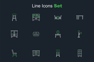 Set line Chest of drawers, Chair, Floor lamp, Dressing table, Sofa and icon. Vector