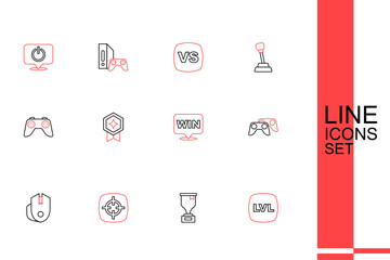 Set line Level game, Award cup, Target sport, Computer mouse, Game controller joystick, Medal, rating with medal and icon. Vector