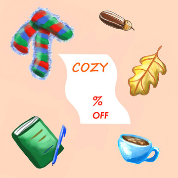 Cozy autumn time sale banner with a scarf, book and pen, cup, leaf and acorn