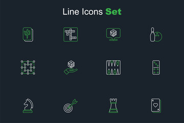 Set line Playing cards, Chess, Classic dart board and arrow, Domino, Backgammon, Game dice and Board game icon. Vector