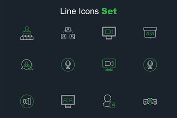 Set line Movie, film, media projector, Video chat conference, Mute microphone, Microphone and Speech bubble icon. Vector