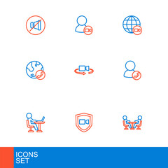 Set line Meeting, Video chat conference, Freelancer, 360 degree view, and icon. Vector