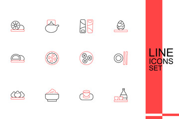 Set line Bottle of sake, Soy sauce in bowl, Rice, Dumpling, Food chopsticks with plate, Wonton, Homemade pie and Sushi icon. Vector