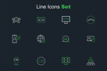 Set line Speaker, Video chat conference, Speech bubble, and icon. Vector