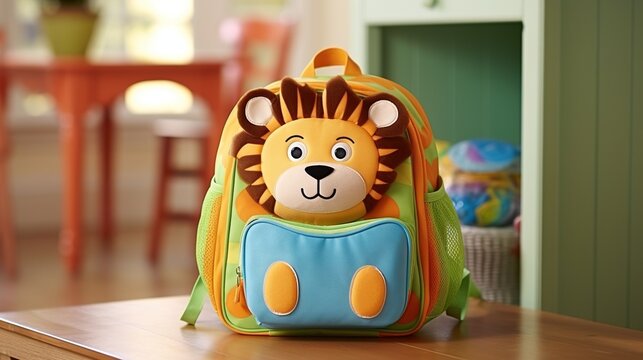  a lion backpack sitting on a table in a child's room.  generative ai