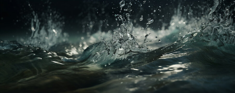 Dynamic sunlight water cover photo with banner space, dark with water rolling and waves crashing with black background, Hero image web banner with room for text