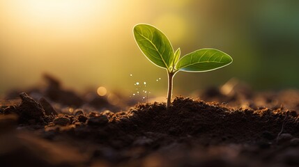  a small green plant sprouts from the ground in the sunlight.  generative ai