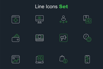 Set line Mobile 24 hours support, shopping bag and dollar, Advertising, Market analysis, Time management, Megaphone, Stacks paper money cash and Wallet with icon. Vector