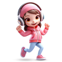 3D cute girl character dancing through headphones