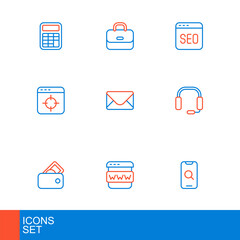 Set line Magnifying glass and mobile, Browser window, Wallet with money, Headphones, Target financial goal, Mail e-mail, SEO optimization and Briefcase icon. Vector