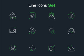 Set line Cloud, Water drop percentage, Hail cloud, Compass north, Sunrise, with snow and Weather forecast app icon. Vector