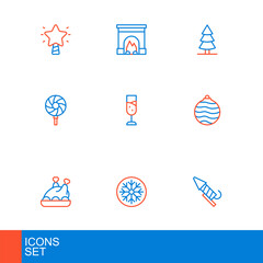 Set line Firework rocket, Snowflake, Roasted turkey chicken, Christmas ball, Lollipop, Glass of champagne, tree and Interior fireplace icon. Vector