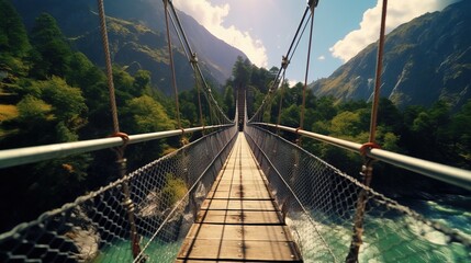  a suspension bridge over a river with mountains in the background.  generative ai