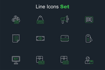 Set line Buyer, Item price tag with dollar, Sold, button, Price, Credit card, Stacks paper money cash and Wish list template icon. Vector